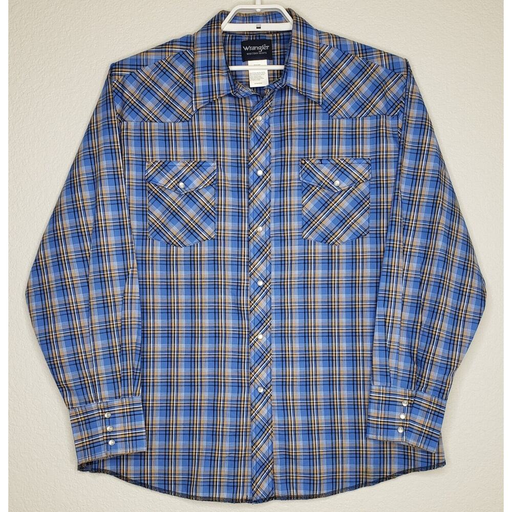 Wrangler Western Pearl Snap Mens Shirt Size XXL Blue‎ Plaid Long Sleeve Collared